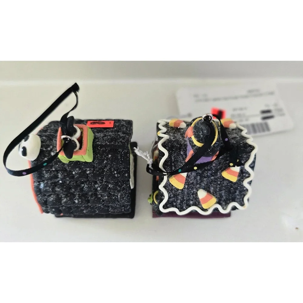New Set of 2 Halloween Light Up Clay Dough House Ornaments‎  Witch Haunted House